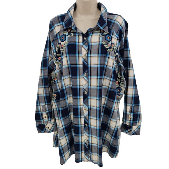 Tolani Collection Shirt Women 3X Blue Plaid Embroidered Floral Button Up Top - Picture 1 of 10